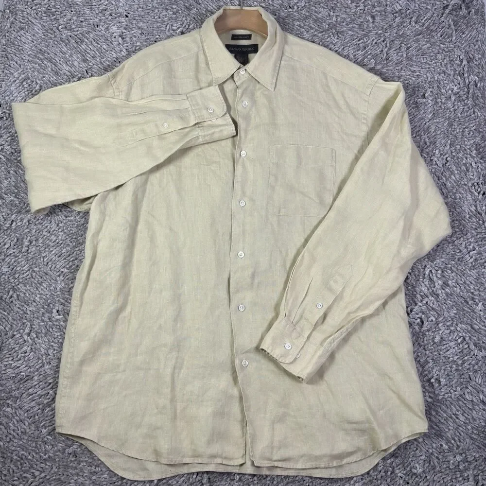 Banana Republic Irish linen Shirt Mens Large Long Sleeve Beige Preppy Summer